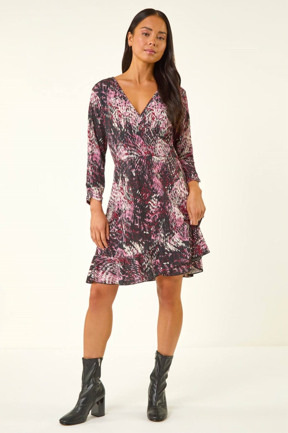 Roman Wine Petite Abstract Wrap Stretch Dress