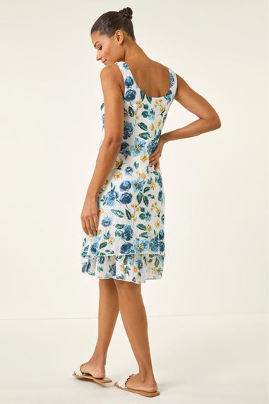 Roman Blue Floral Print Double Layer Dress