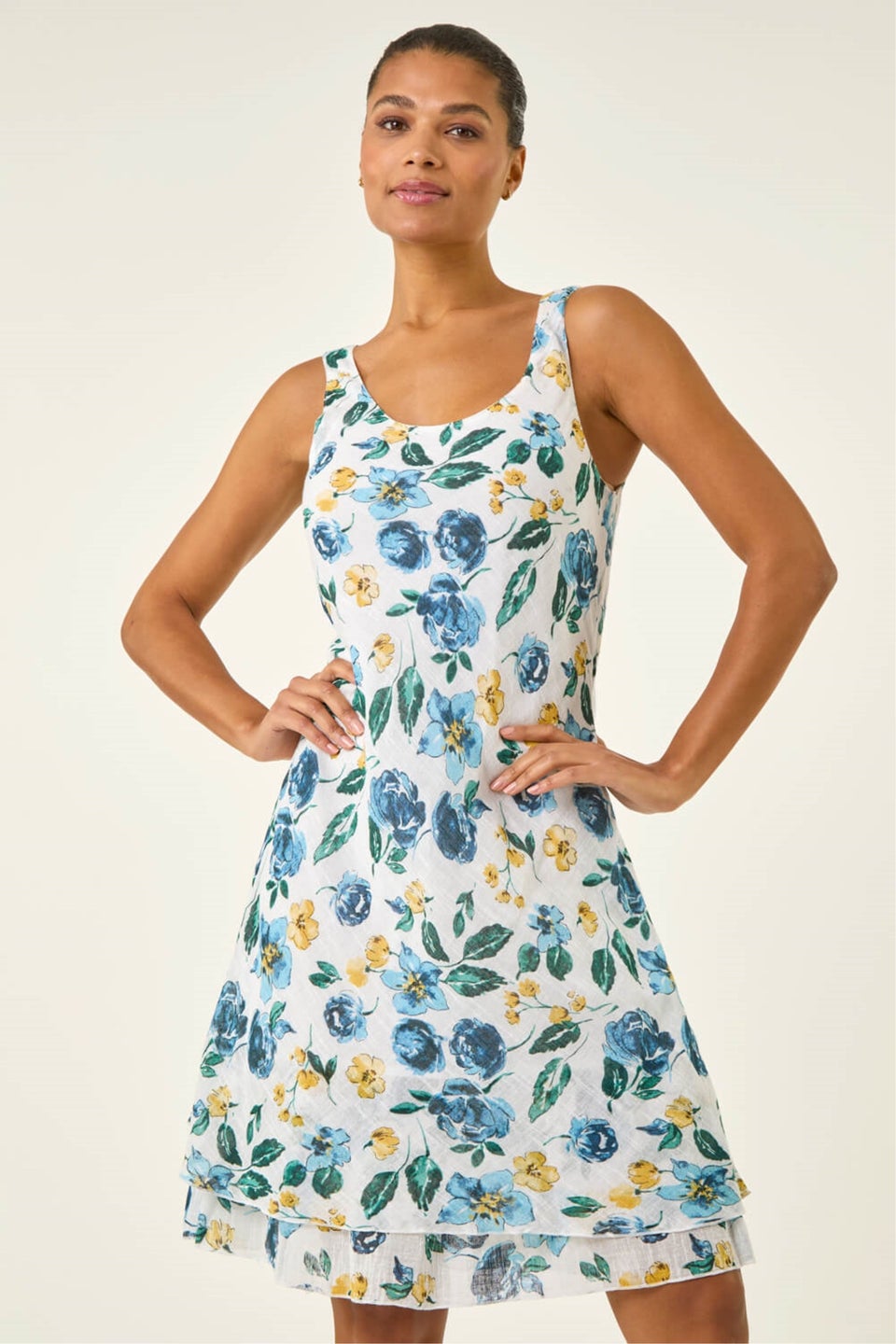 Roman Blue Floral Print Double Layer Dress