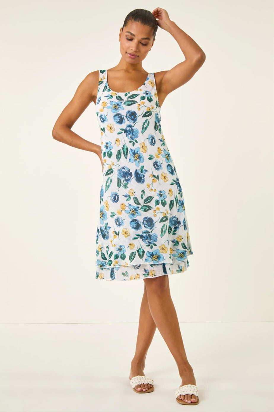 Roman Blue Floral Print Double Layer Dress