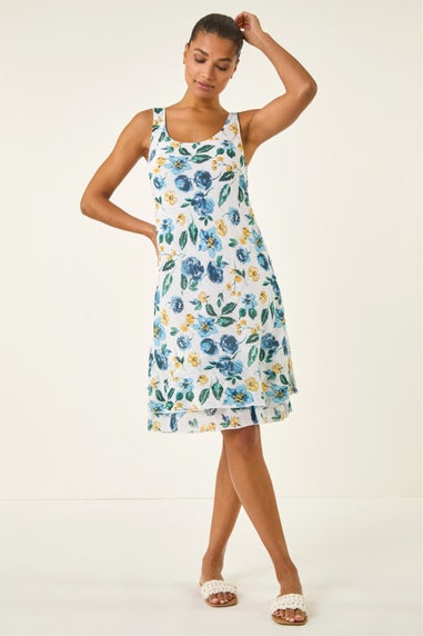 Roman Blue Floral Print Double Layer Dress