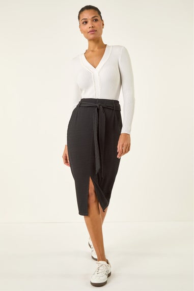 Roman Black Textured Belted Pencil Skirt