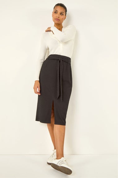 Roman Black Textured Belted Pencil Skirt