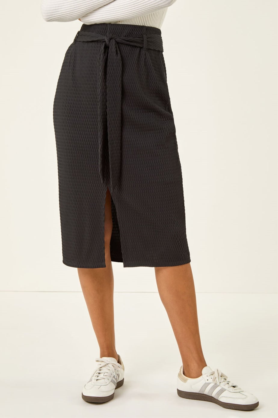 Roman Black Textured Belted Pencil Skirt