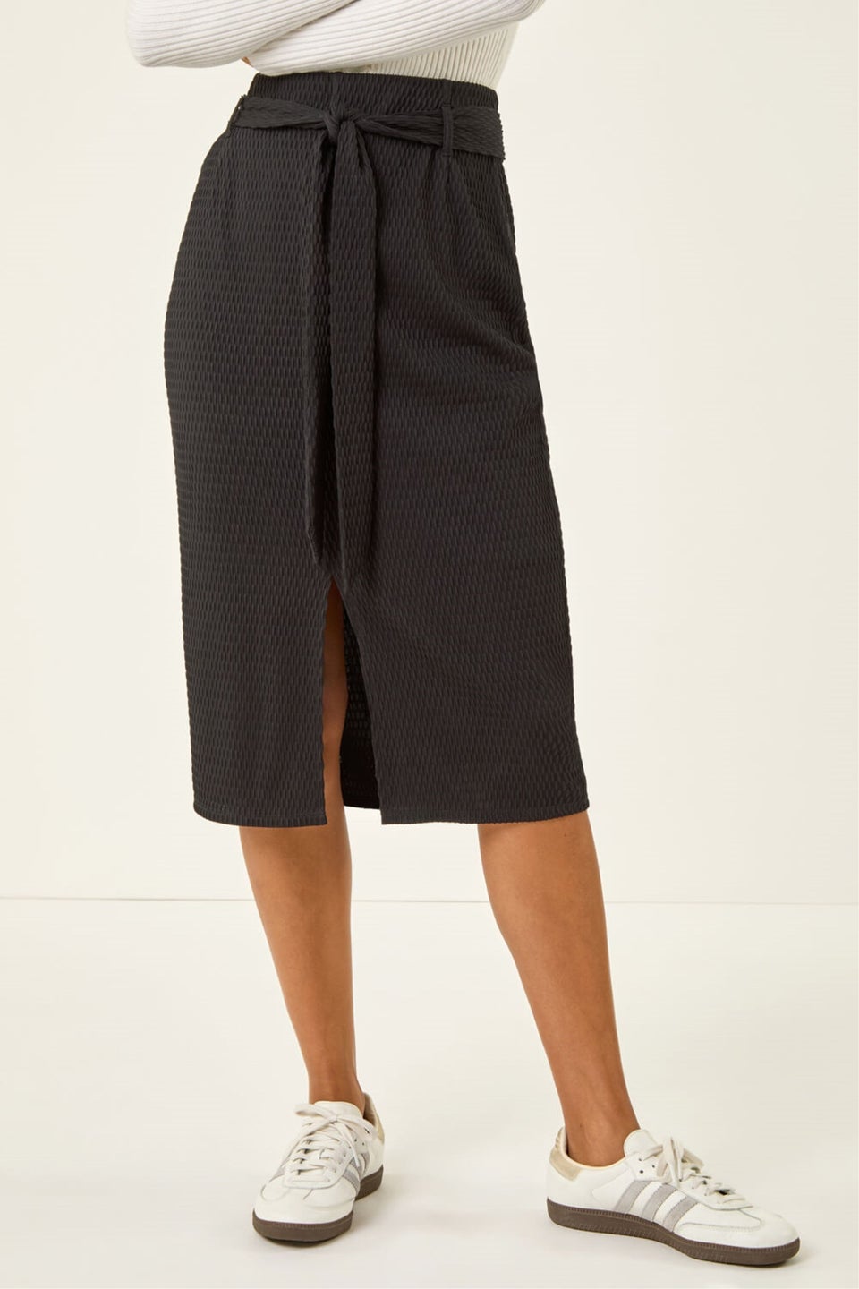 Roman Black Textured Belted Pencil Skirt