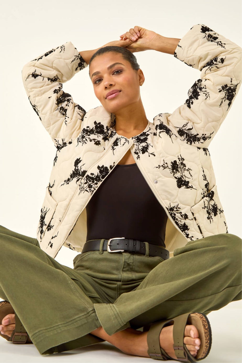 Roman Cream Floral Flock Quilted Jacket