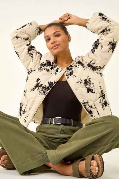 Roman Cream Floral Flock Quilted Jacket