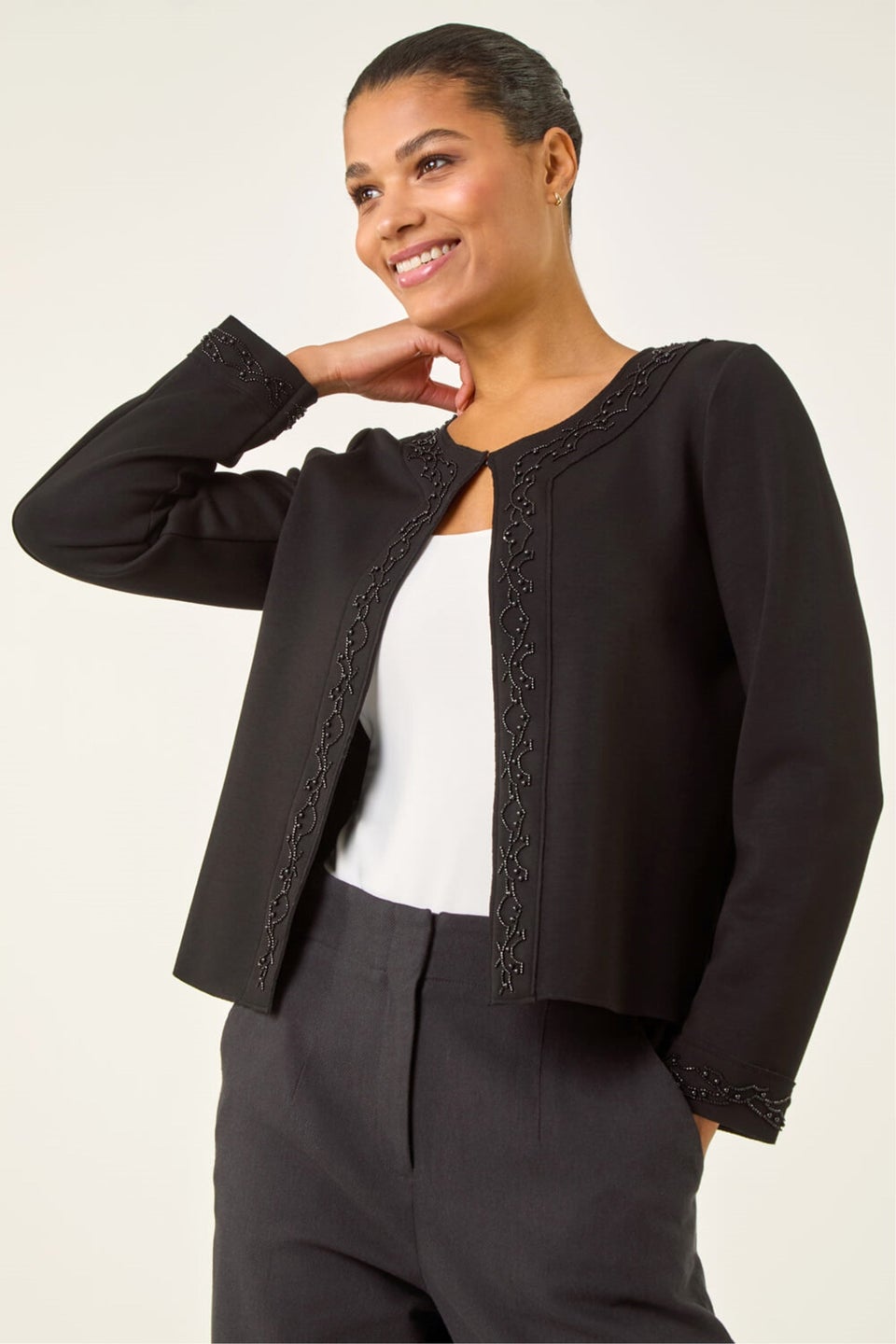 Roman Black Beaded Trim Open Jacket