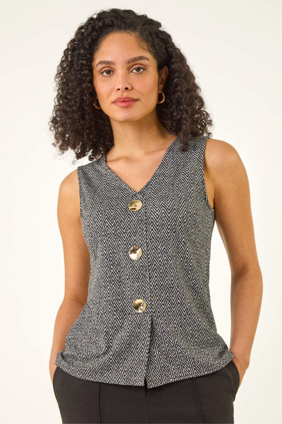 Roman Charcoal Herringbone Mock Button Waist Coat