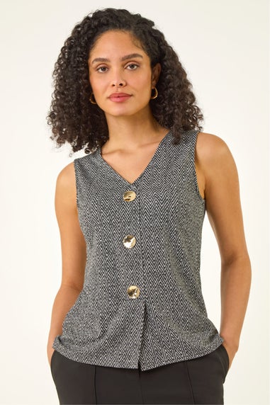 Roman Charcoal Herringbone Mock Button Waist Coat