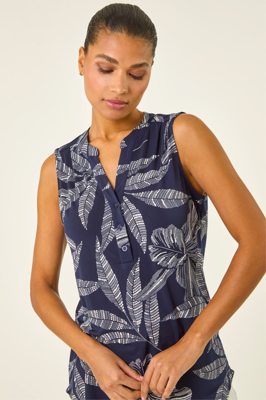Roman Navy Floral Puff Print Stretch Vest Top