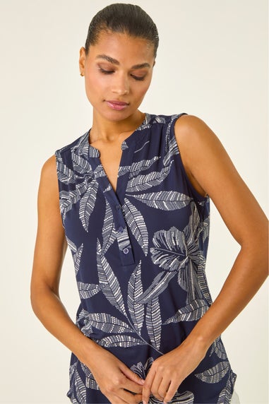 Roman Navy Floral Puff Print Stretch Vest Top