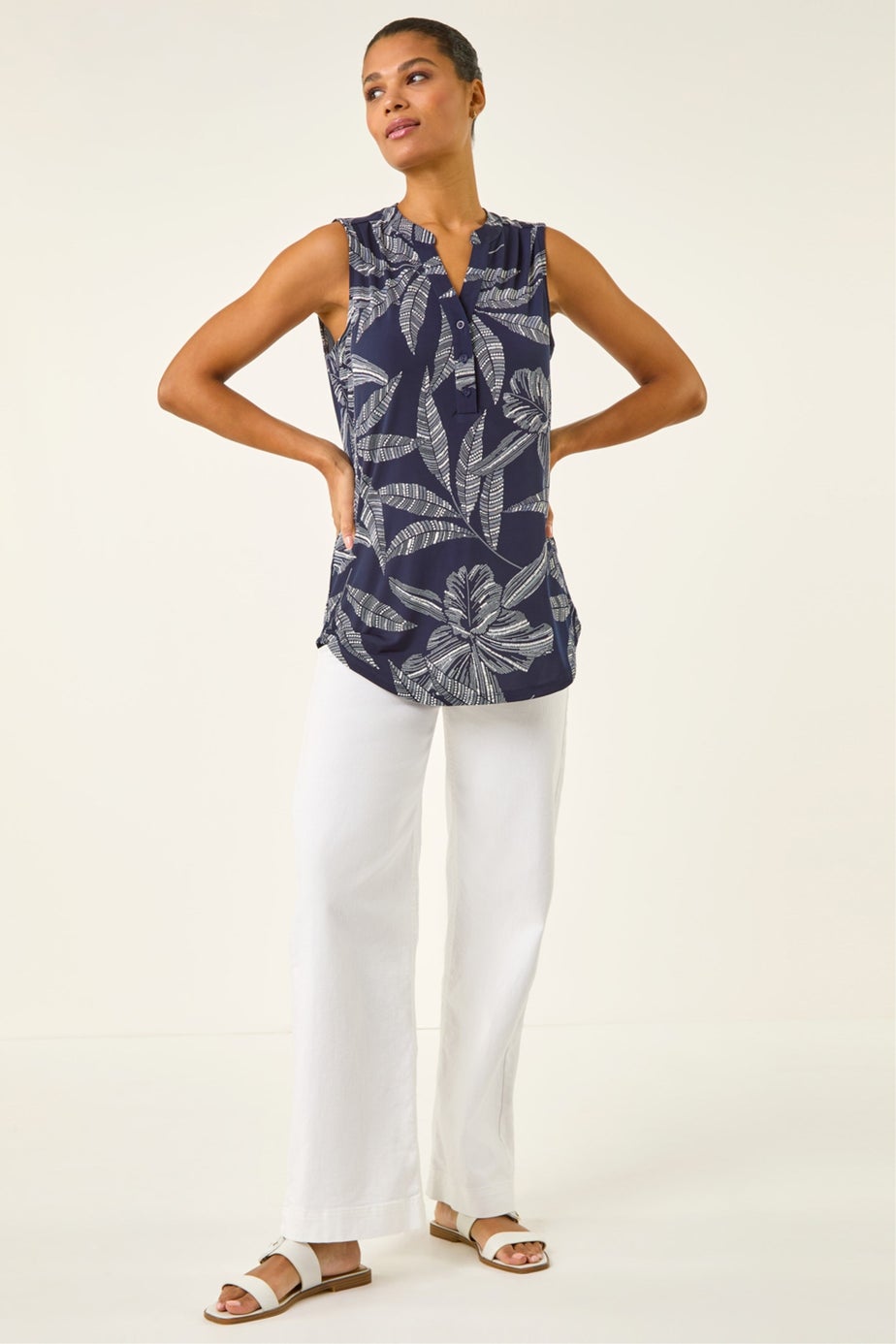 Roman Navy Floral Puff Print Stretch Vest Top