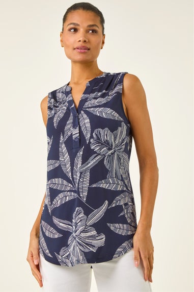 Roman Navy Floral Puff Print Stretch Vest Top