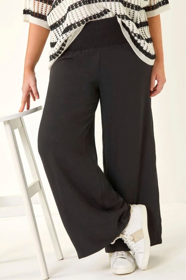 Roman Black Curve Shirred Wide Leg Trouser