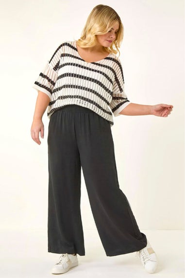 Roman Black Curve Shirred Wide Leg Trouser