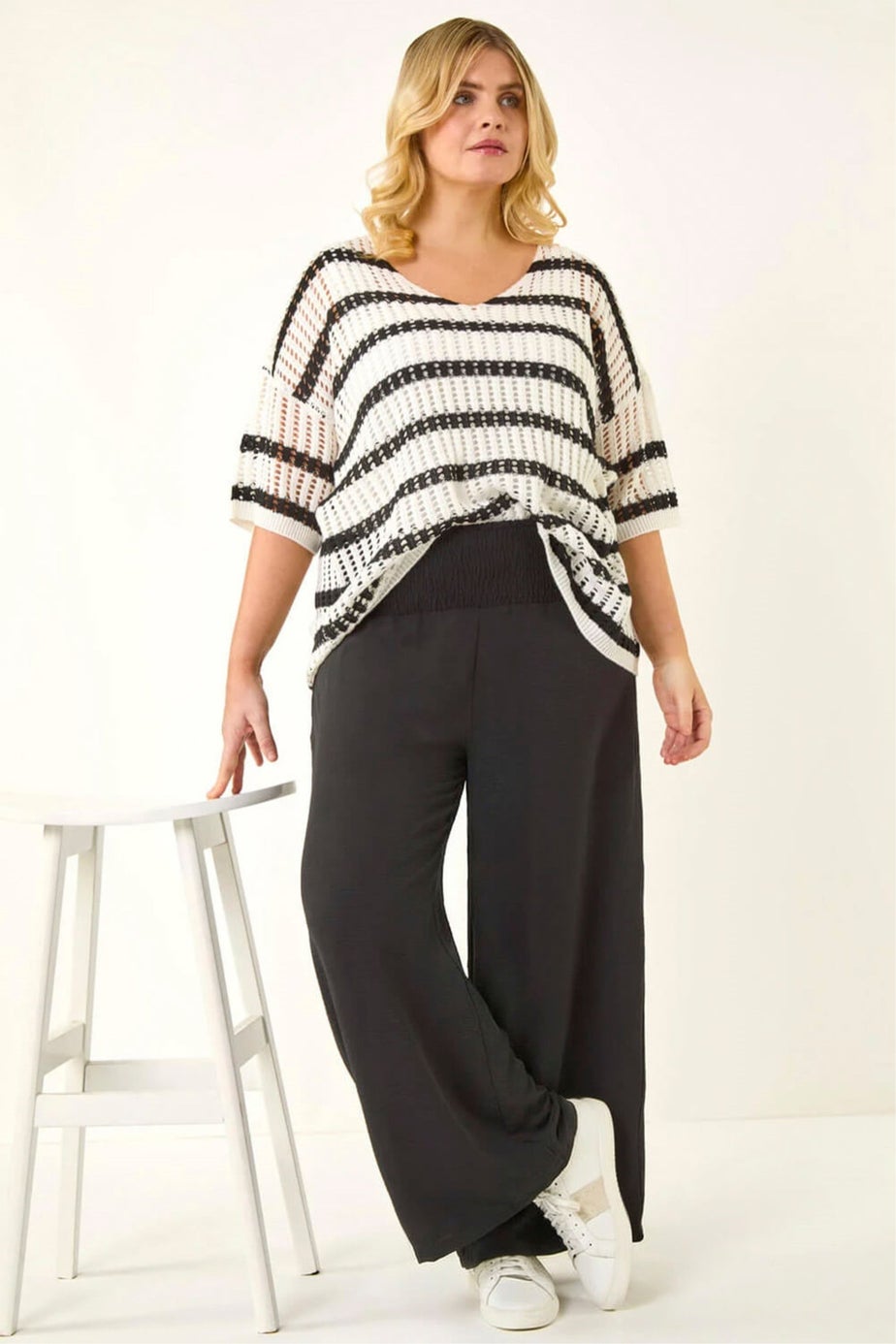 Roman Black Curve Shirred Wide Leg Trouser