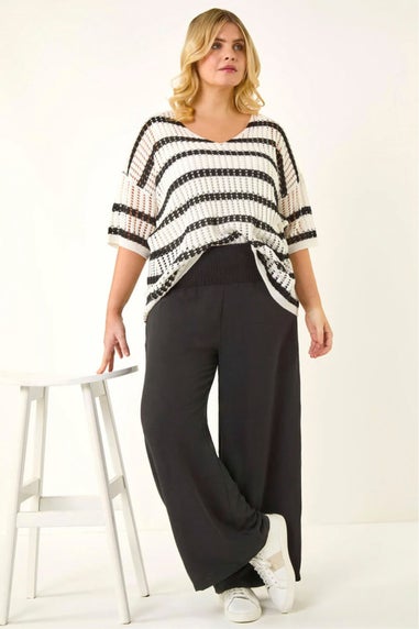 Roman Black Curve Shirred Wide Leg Trouser