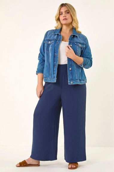 Roman Navy Curve Shirred Wide Leg Trouser
