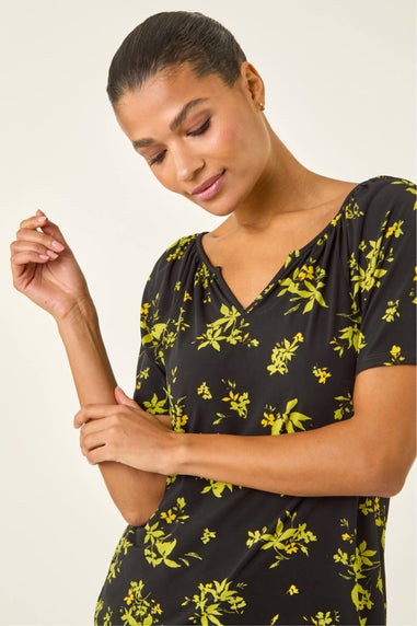 Roman Green Floral Print Gathered Stretch Top