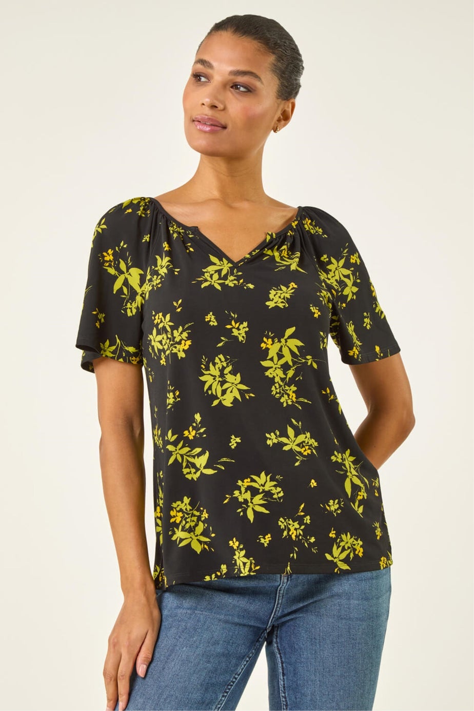 Roman Green Floral Print Gathered Stretch Top