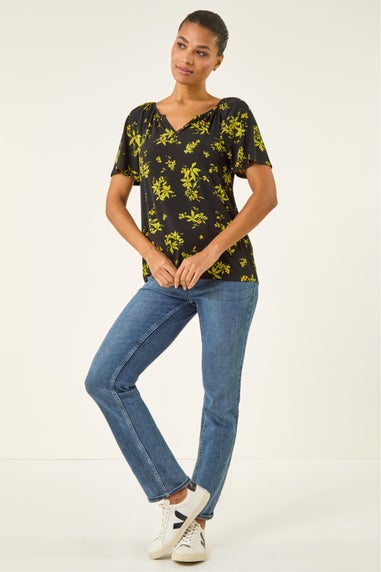 Roman Green Floral Print Gathered Stretch Top