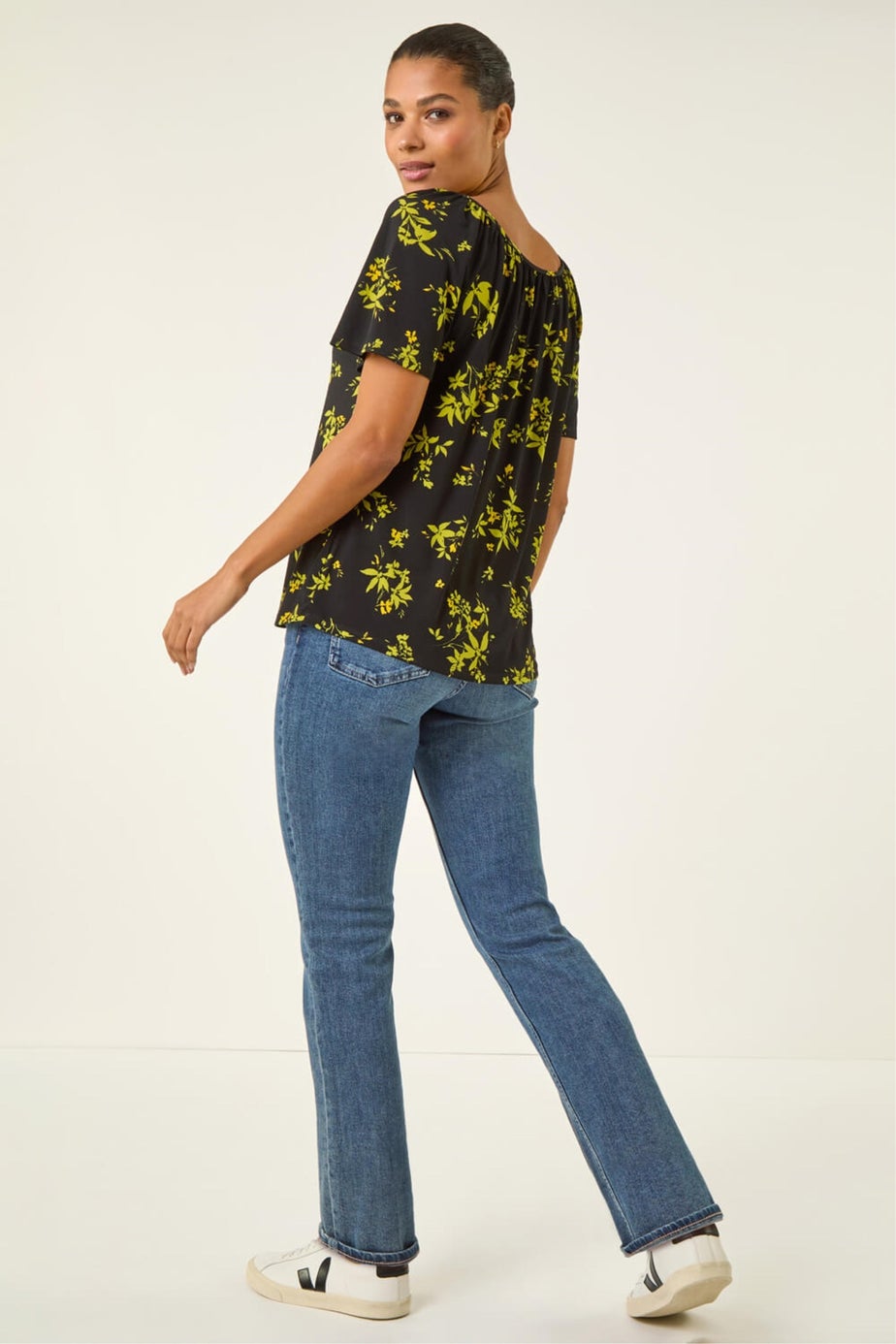 Roman Green Floral Print Gathered Stretch Top