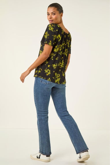 Roman Green Floral Print Gathered Stretch Top