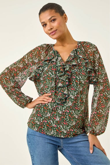 Roman Green Floral Mesh Print Gathered Top