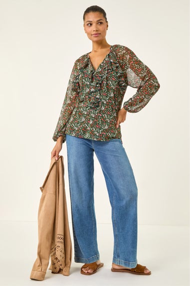 Roman Green Floral Mesh Print Gathered Top