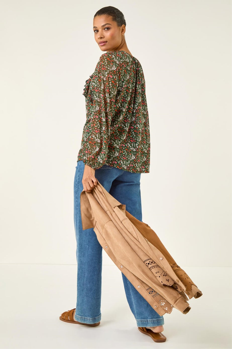 Roman Green Floral Mesh Print Gathered Top