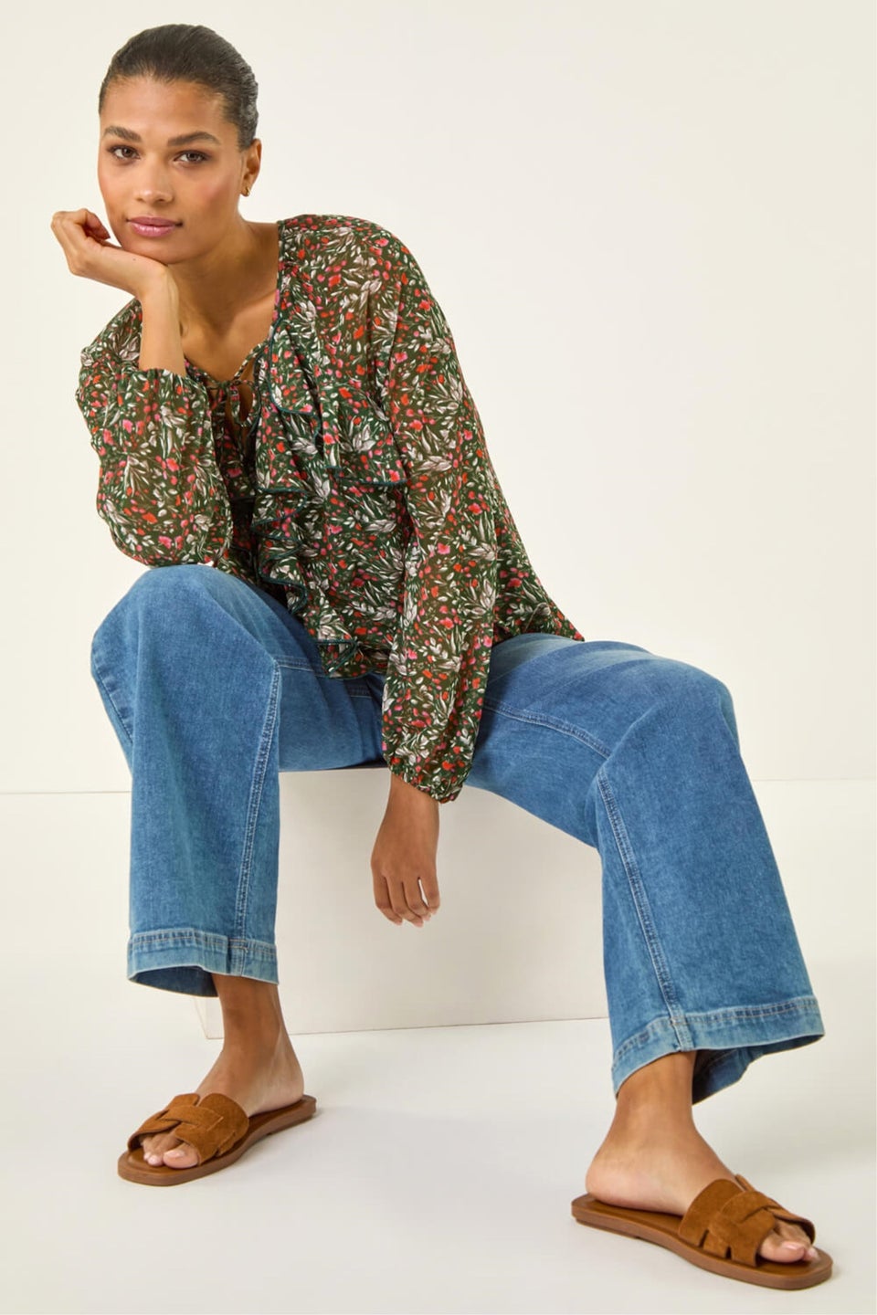 Roman Green Floral Mesh Print Gathered Top