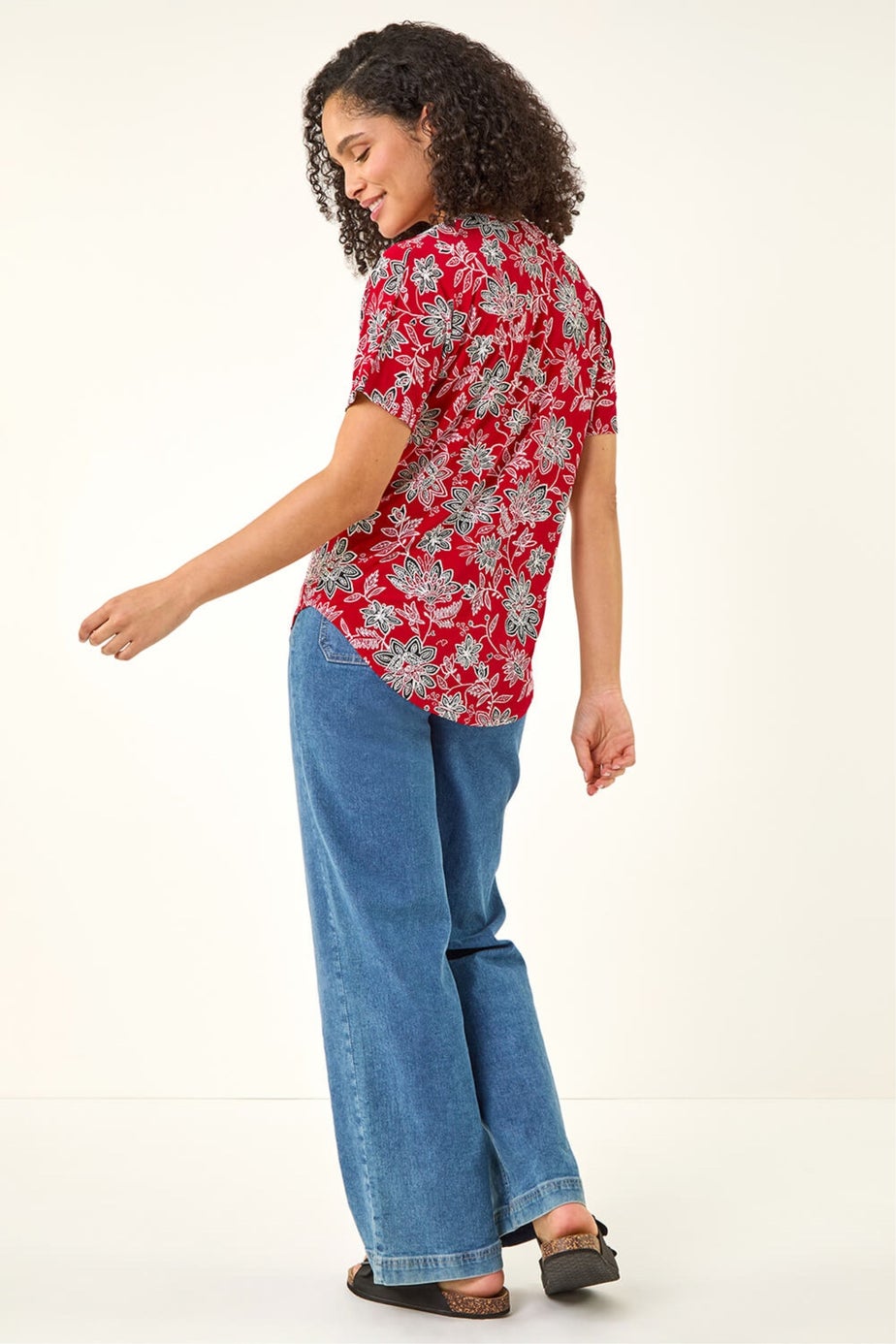 Roman Red Floral Print Zip Detail Top