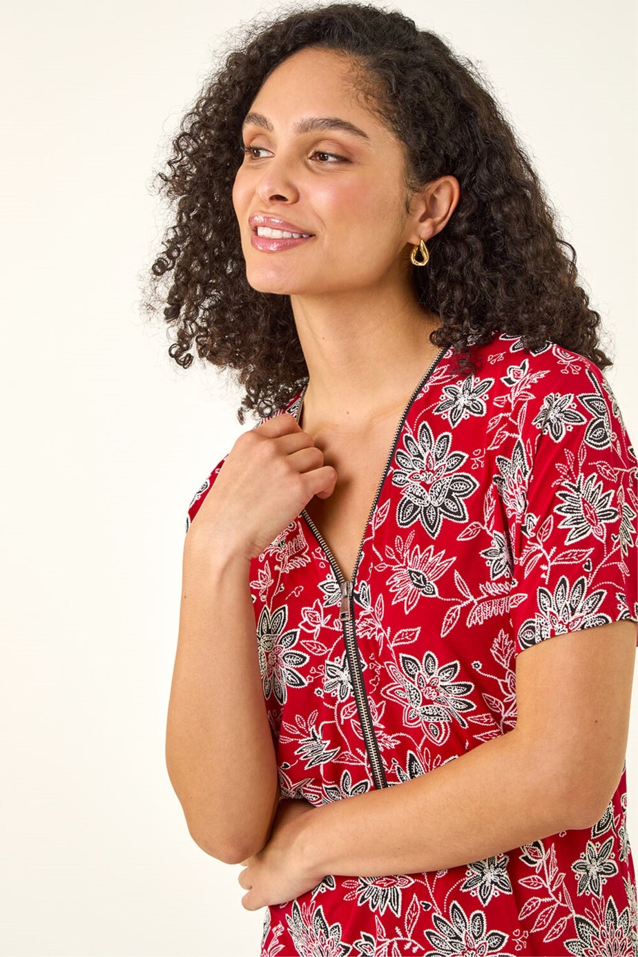 Roman Red Floral Print Zip Detail Top