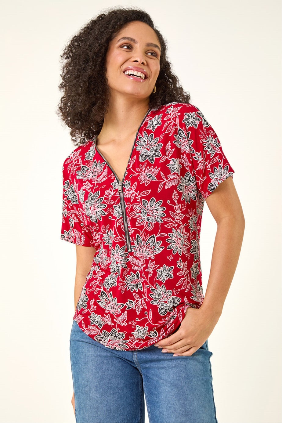 Roman Red Floral Print Zip Detail Top