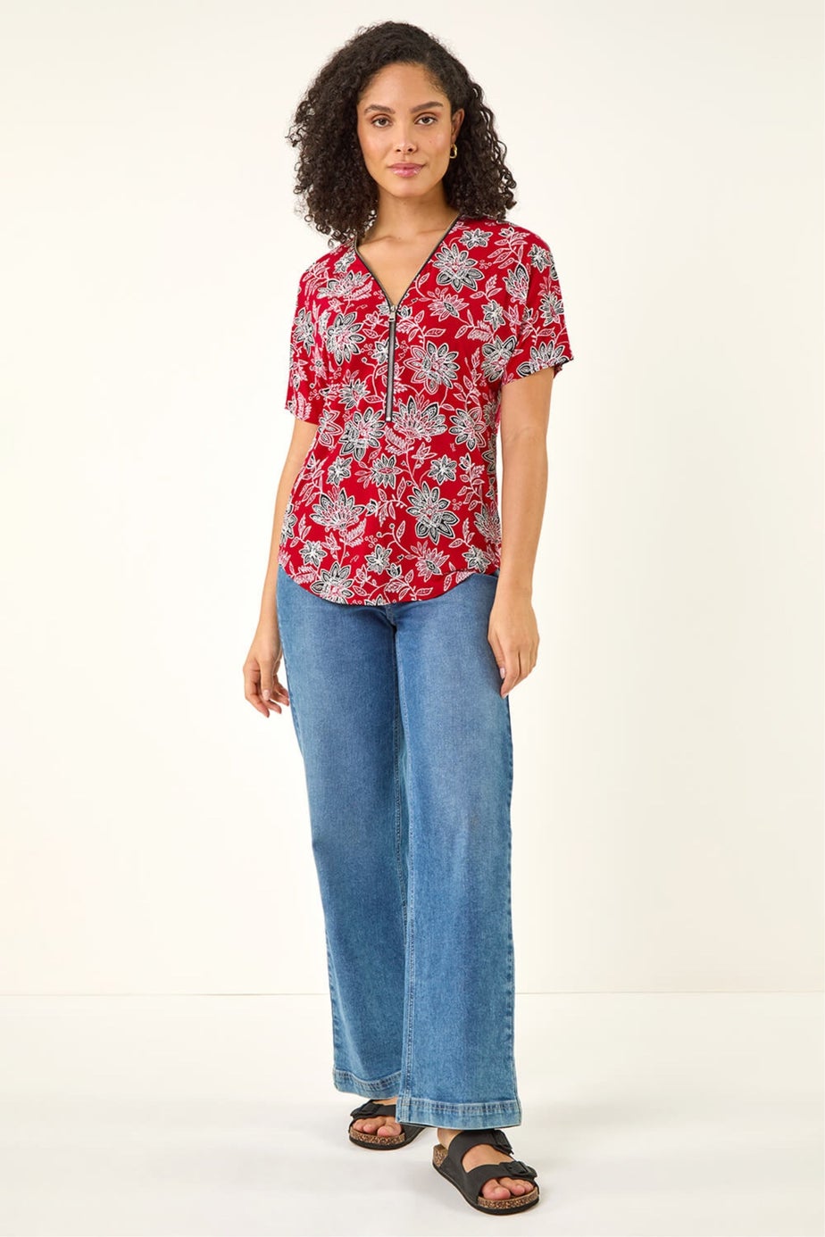 Roman Red Floral Print Zip Detail Top