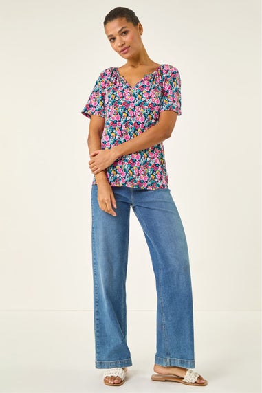 Roman Pink Floral Gathered V-Neck Stretch Top