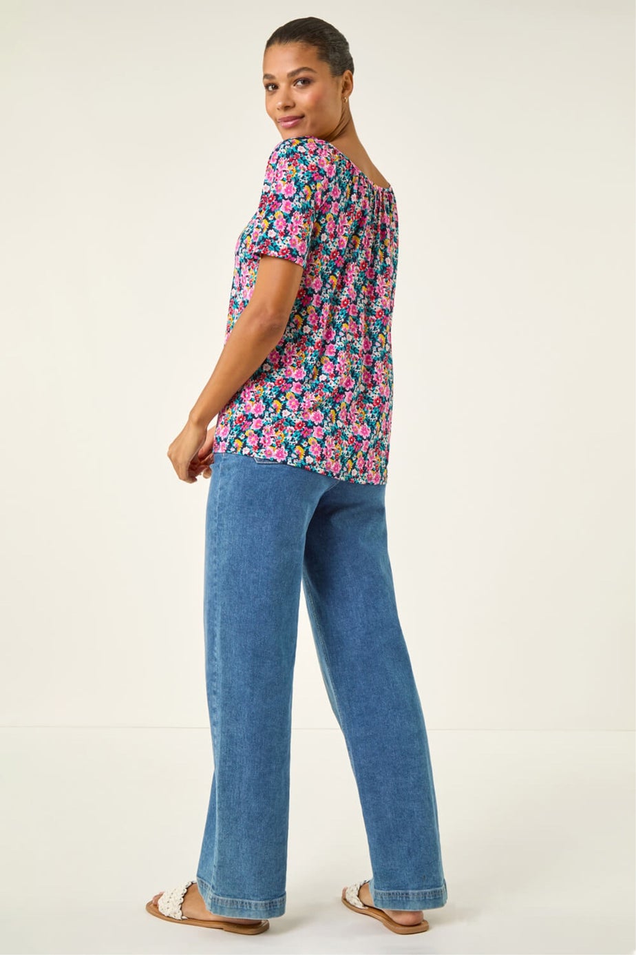 Roman Pink Floral Gathered V-Neck Stretch Top