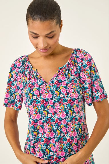 Roman Pink Floral Gathered V-Neck Stretch Top