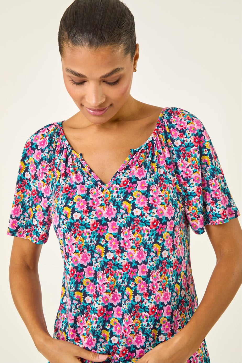 Roman Pink Floral Gathered V-Neck Stretch Top