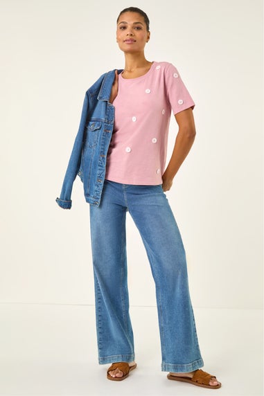 Roman Pink Textured Floral Stretch T-Shirt