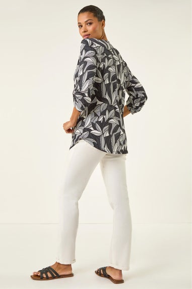 Roman Black Leaf Puff Print Textured Shirt