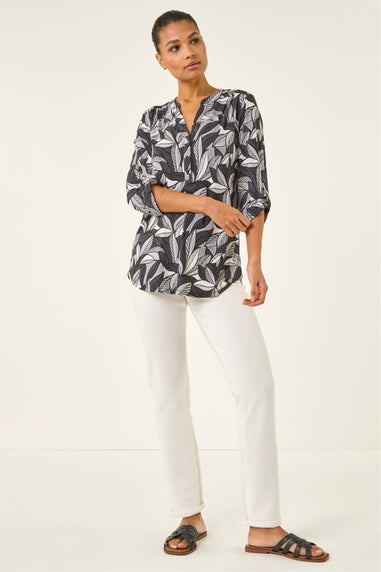 Roman Black Leaf Puff Print Textured Shirt