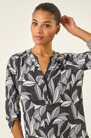Roman Black Leaf Puff Print Textured Shirt