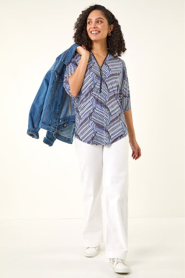 Roman Blue Printed Zip Front Top