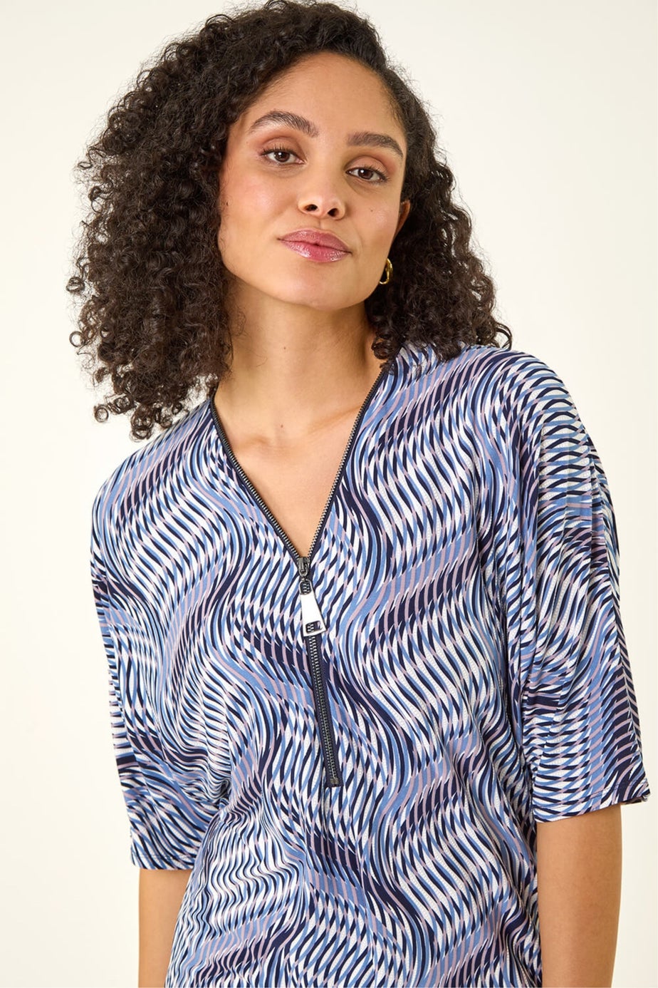 Roman Blue Printed Zip Front Top