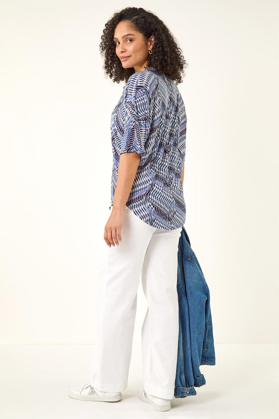 Roman Blue Printed Zip Front Top