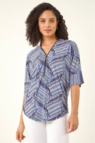 Roman Blue Printed Zip Front Top