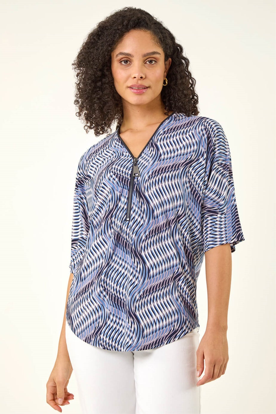 Roman Blue Printed Zip Front Top