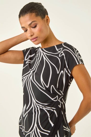 Roman Black Floral Print Asymmetric Stretch Top